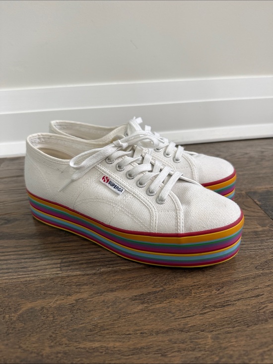 Superga Shoes - Superga White Canvas Platform Sneakers with Rainbow Stripe Sole